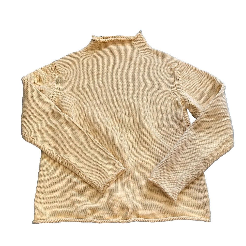 Vintage J Crew Roll Neck Sweater Womens S 90s Fisherman Knit Pullover Yellow